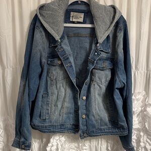 Women's Blue Denim Jacket with Gray Hood
